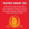 A red graphic with white text reading 'TASTES GREAT ON' and a description of smoked butt, chops, wings, and poultry seasoning preferences, plus a yellow illustrated portrait of a woman below.