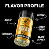 A bottle of Fire to Smoke Society Garlic Butter Steak seasoning shown on a black background with labeled flavor profile callouts: Garlic, Butter, Green Onion, Black Pepper, and Tarragon.