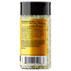Back view of a seasoning bottle with a black cap and a yellow nutrition facts label, showing text and a barcode on a white background.