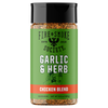 A bottle of Fire & Smoke Society Garlic & Herb Chicken Blend seasoning, featuring a green label with a black cap and showing the seasoning blend through the clear bottle.