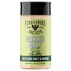 A bottle of Fire & Smoke Society Garlic Salt seasoning with sea salt and herbs, featuring a light green label and a black cap, shown on a white background.
