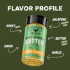Grill blend seasoning jar with flavor profile text on a green background