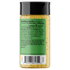 Back view of a seasoning bottle with a black cap and a green nutrition label, showing the ingredients and barcode on a white background.