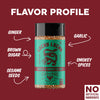 A spice jar labeled Lucky Lucky Sweet & Smoky Blend, centered on a dark red background with white text and arrows pointing to flavor ingredients: ginger, brown sugar, sesame seeds, garlic, and smokey spices. A 'No Artificial Ingredients' badge appears in the bottom right corner.