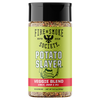 A bottle of Fire & Smoke Society Potato Slayer Veggie Blend seasoning, featuring a bright lime green label with a black cap, on a solid white background.