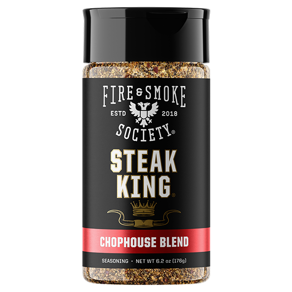 A bottle of Fire & Smoke Society Steak King Chopsouse Blend seasoning on a plain white background.