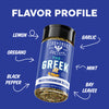A seasoning shaker bottle labeled 'The Greek' by Fire & Smoke Society, centered on a blue background with white text and arrows pointing to flavor notes: lemon, oregano, garlic, mint, bay leaves, and black pepper.