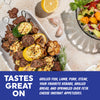 Grilled meat skewers with zucchini, yellow squash, and garlic on a white serving platter, alongside a bowl of salad and a lemon half, with a blue text banner at the bottom reading 'TASTES GREAT ON'.