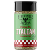 A bottle of Fire & Smoke Society Vinny's Italian Seasoning on a plain white background. The product features a green label with a red and white checkered bottom band, a black cap, and visible seasoning inside the clear bottle.