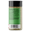 Back view of a bottle of Vinny R's Italian seasoning with a black cap and a green label showing the nutrition facts and ingredients.