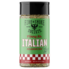 A bottle of Fire & Smoke Society Vinny's Italian Seasoning on a plain white background. The product features a light green label with a red and white checkered pattern at the bottom, a black cap, and visible seasoning inside the clear bottle.