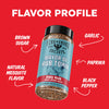 BBQ rub seasoning jar with flavor profile text on a red background