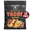 Fire & Smoke Society Breakfast Tacos Seasoning Mix 12-pack bag. The packaging is black with bold orange and white lettering, featuring an image of two tacos with avocado and diced potatoes at the bottom, and a dark red circular badge on the right that reads '12 PACK'.