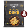 A 12-pack bag of Fire & Smoke Society Street Corn, featuring a dark gray bag with yellow and white text, a bowl of prepared corn on the front, and a red '12 PACK' badge on the right.