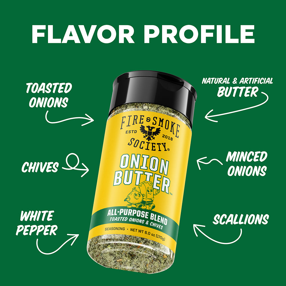 A seasoning bottle labeled Fire & Smoke Society Onion Butter centered on a dark green background with white text and arrows pointing to flavor ingredients: toasted onions, chives, minced onions, scallions, white pepper, and natural & artificial butter.
