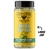 A bottle of Fire & Smoke Society Onion Butter seasoning on a white background, featuring a yellow label with a black cap and a 'LARGE JAR' callout graphic on the right.