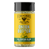A bottle of Fire & Smoke Society Onion Butter seasoning, featuring a bright yellow label with black and white text, a green band at the bottom, and a black cap, shown on a white background.