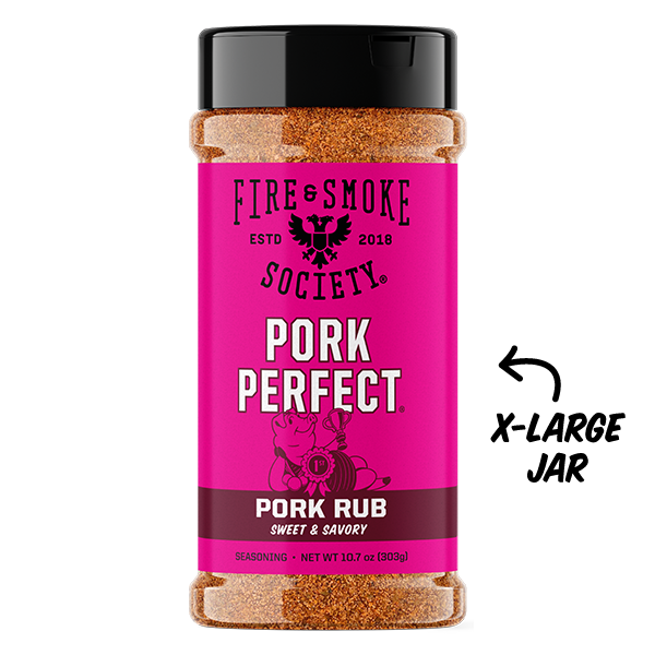 A x-large jar of Fire & Smoke Society Pork Perfect Sweet & Savory Pork Rub seasoning, featuring a bright pink label and a black lid, shown on a white background with a black 'X-LARGE JAR' text overlay.