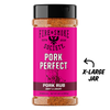 A x-large jar of Fire & Smoke Society Pork Perfect Sweet & Savory Pork Rub seasoning, featuring a bright pink label and a black lid, shown on a white background with a black 'X-LARGE JAR' text overlay.