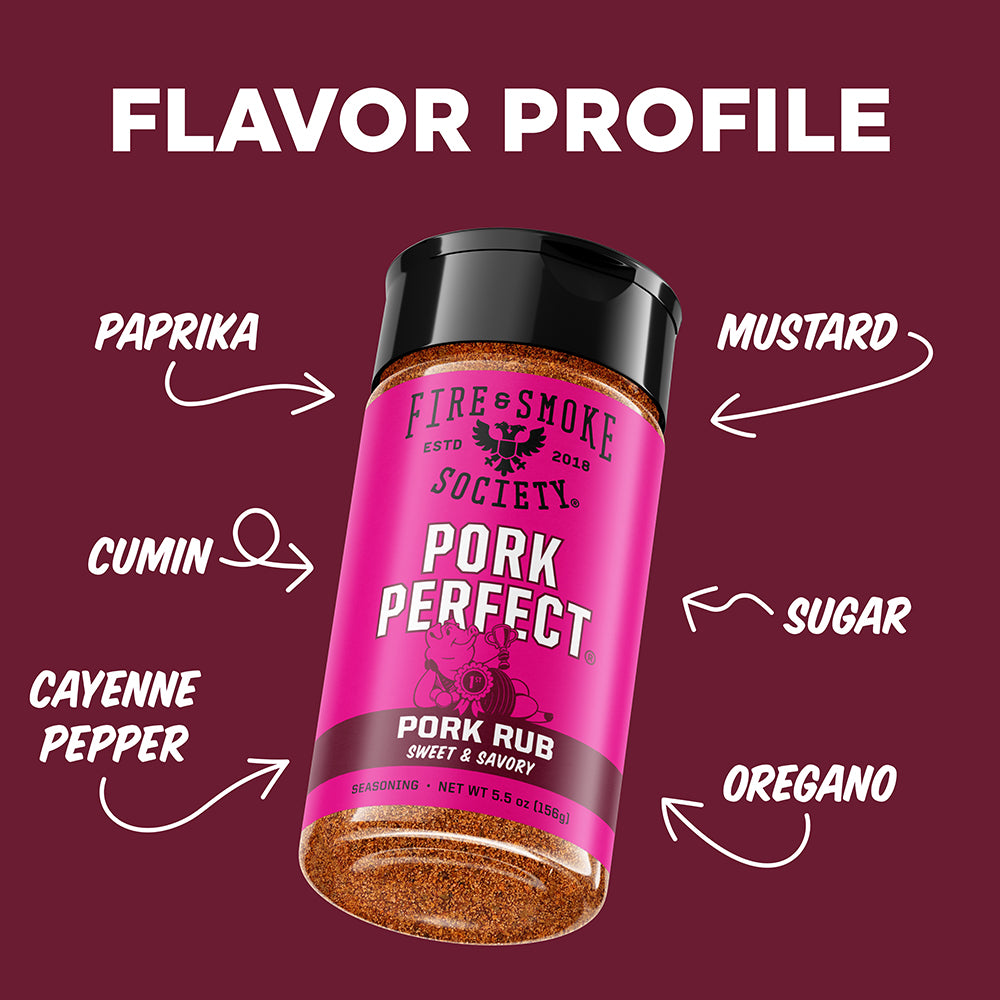 A bottle of Fire & Smoke Society Pork Perfect rub seasoning is shown on a dark burgundy background with white text and arrows labeling the flavor profile ingredients: paprika, cumin, cayenne pepper, mustard, sugar, and oregano.