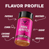A bottle of Fire & Smoke Society Pork Perfect rub seasoning is shown on a dark burgundy background with white text and arrows labeling the flavor profile ingredients: paprika, cumin, cayenne pepper, mustard, sugar, and oregano.