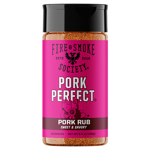 A bottle of Fire & Smoke Society Pork Perfect Sweet & Savory Pork Rub seasoning, featuring a bright pink label and a black cap, shown on a plain white background.