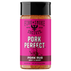 A bottle of Fire & Smoke Society Pork Perfect Sweet & Savory Pork Rub seasoning, featuring a bright pink label and a black cap, shown on a plain white background.