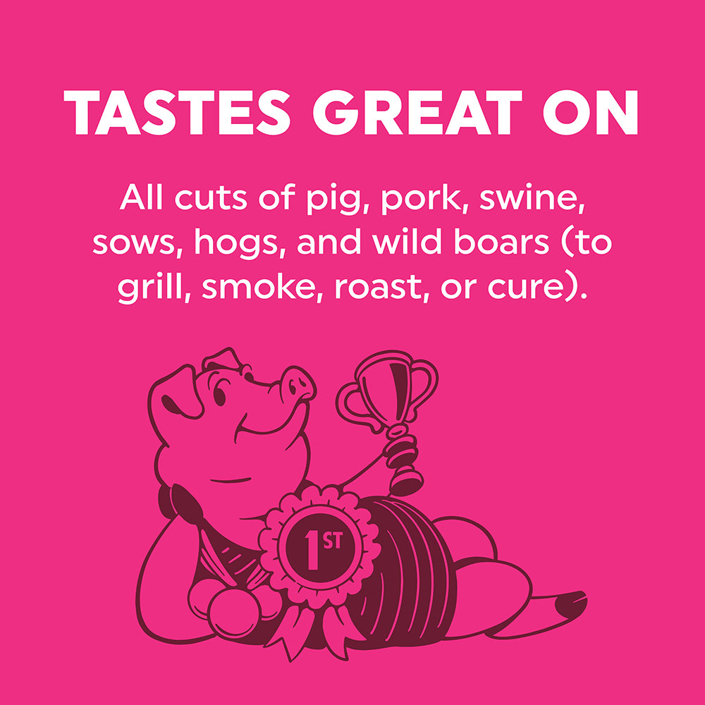 A bright pink graphic with white text reading 'TASTES GREAT ON' and smaller text listing pork, swine, sows, hogs, and wild boars for grilling, smoking, roasting, or curing. Below the text is a dark pink cartoon pig holding a trophy and a 1st place ribbon.