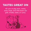 A bright pink graphic with white text reading 'TASTES GREAT ON' and smaller text listing pork, swine, sows, hogs, and wild boars for grilling, smoking, roasting, or curing. Below the text is a dark pink cartoon pig holding a trophy and a 1st place ribbon.