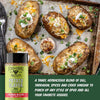 Baked potatoes with various toppings on a baking sheet, featuring a bottle of 'Potato Slayer' seasoning.
