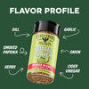 Bottle of 'Potato Slayer' seasoning with flavor profile text on a green background