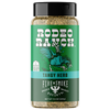 A bottle of Rodeo Ranch Fire & Smoke Spices & Sauces 'Tangy Herb' seasoning, featuring a green label with a black cap
