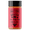 A bottle of Fire & Smoke Society Brazen Sweet Pig Smoky BBQ Blend seasoning, featuring a bright red label and a black cap