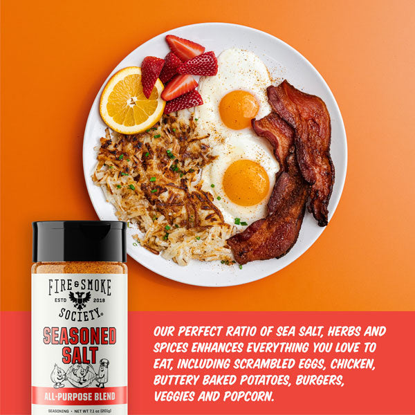Seasoned Salt product description with plate of breakfast food