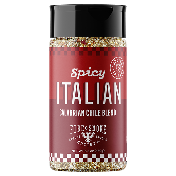 A bottle of Fire & Smoke Spicy Italian Calabrian Chile Blend seasoning, featuring a dark red label with white text and a black cap