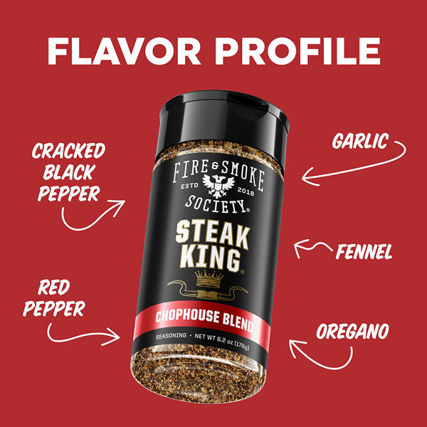 Seasoning container labeled 'Steak King' with flavor profile text on a red background