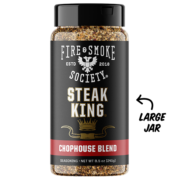 Large Jar of 'Steak King' chophouse blend seasoning from Fire & Smoke Society on a white background