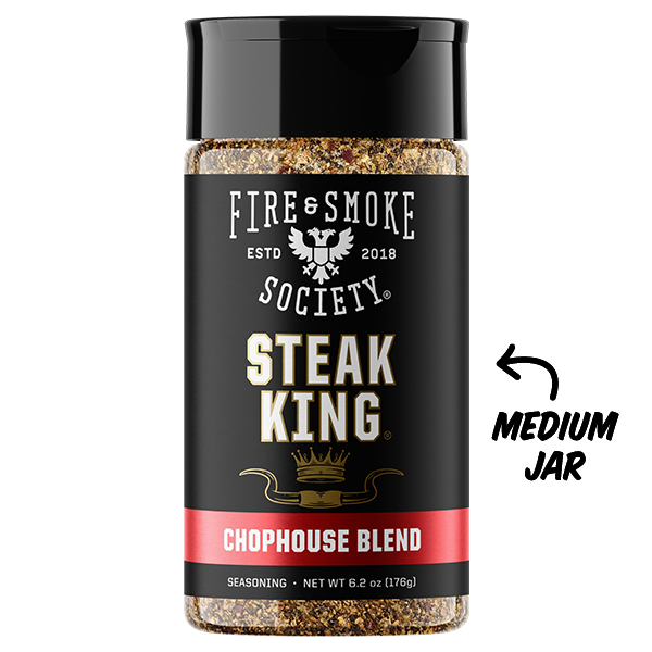 Spice jar labeled 'Steak King Chophouse Blend' from Fire & Smoke Society on a white background