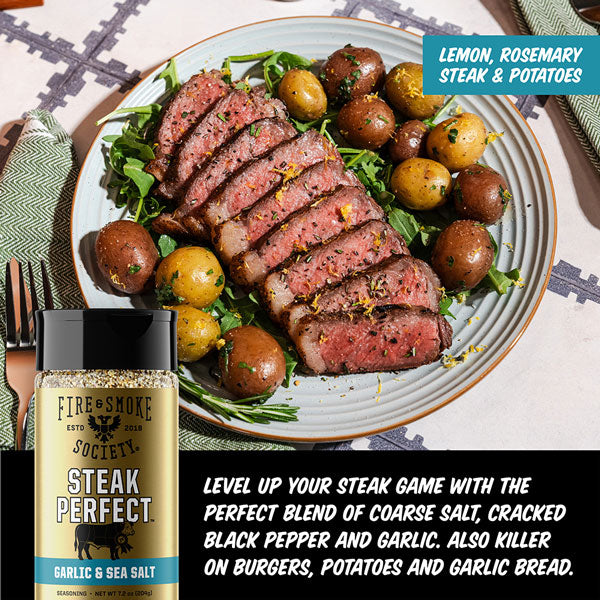 Steak with potatoes and a bottle of seasoning on a plate, with text about the seasoning's uses.