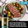 Steak with potatoes and a bottle of seasoning on a plate, with text about the seasoning's uses.