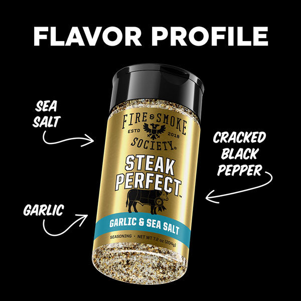 Seasoning container labeled 'Steak Perfect' with flavor profile text on a black background