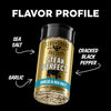Seasoning container labeled 'Steak Perfect' with flavor profile text on a black background