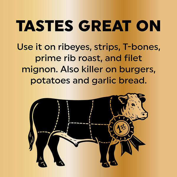 Illustration of a cow with a ribeye cut and text about its uses on a gold background