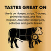 Illustration of a cow with a ribeye cut and text about its uses on a gold background