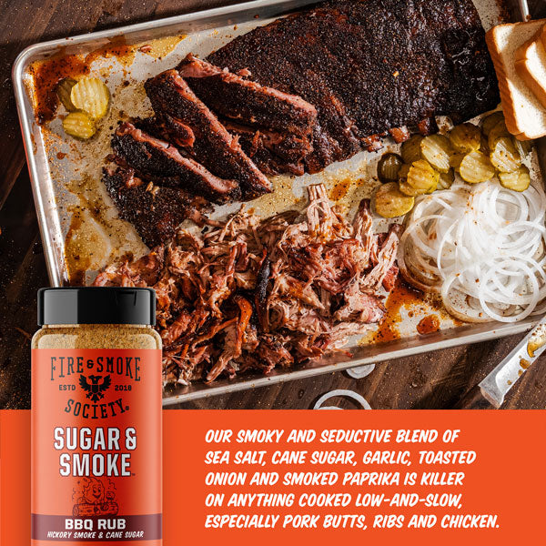 BBQ rub container with pulled pork, brisket, and sides on a tray.