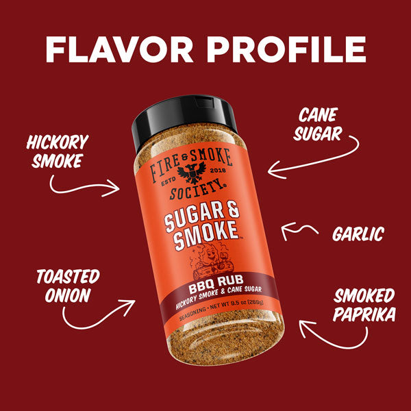 BBQ rub container with flavor profile text on a red background