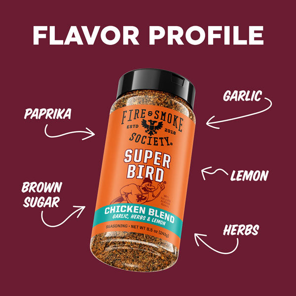 Super Bird Chicken Blend seasoning jar with flavor profile text on a red background
