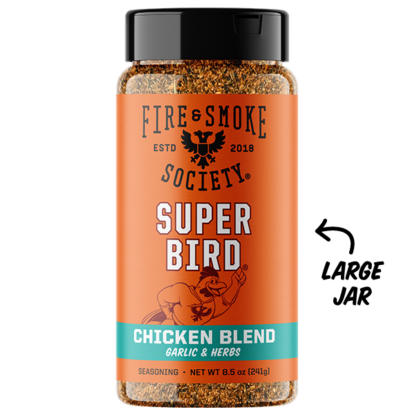 Spice jar labeled 'Super Bird Chicken Blend' by Fire & Smoke Society