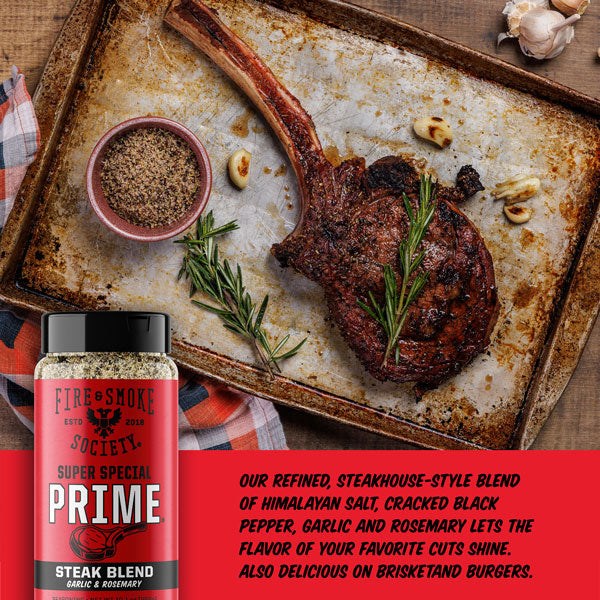 Steak on a baking tray with a jar of seasoning and text about the seasoning's uses.