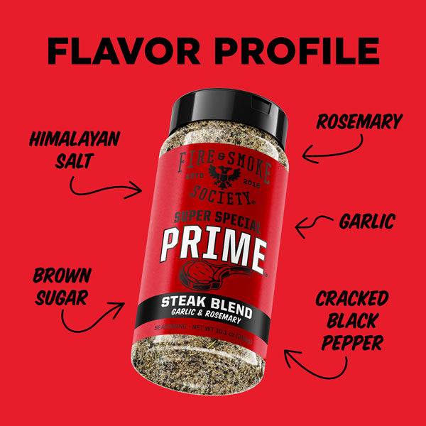 Spice blend jar with flavor profile text on a red background